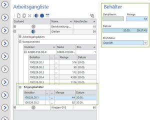 Verwaltung der Behälter zum Arbeitsgang des Auftrages