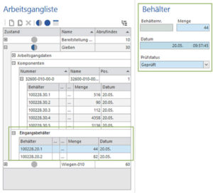 Verwaltung der Behälter zum Arbeitsgang des Auftrages
