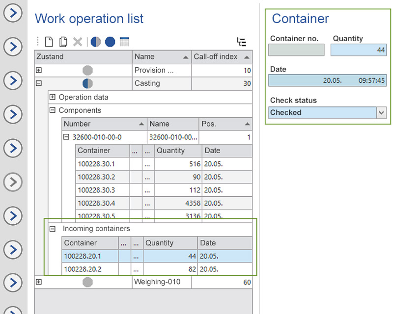 Management of the containers for the operation of an order